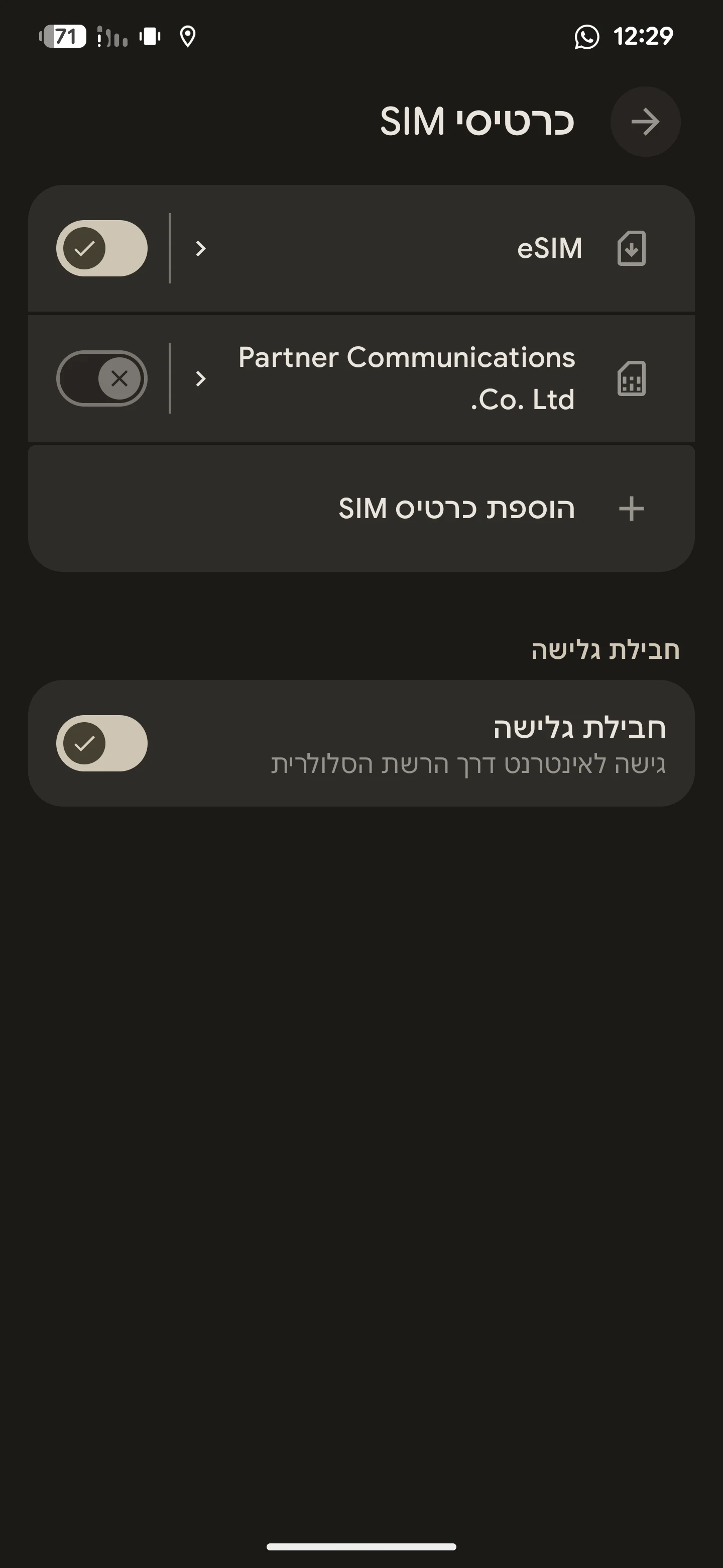 דוגמה ב־Pixel: ה־eSIM לנסיעה פעיל, הקו הביתי כבוי והנתונים הסלולריים מופעלים. בסמסונג התפריטים נראים אחרת.
